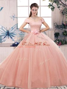 Floor Length Ball Gowns Short Sleeves Pink 15 Quinceanera Dress Lace Up