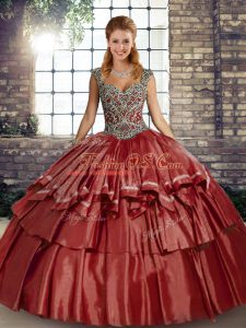 Floor Length Lace Up Quinceanera Gown Rust Red for Military Ball and Sweet 16 and Quinceanera with Beading and Ruffled Layers