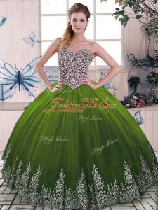 Popular Olive Green Tulle Lace Up Sweet 16 Dresses Sleeveless Floor Length Beading and Embroidery