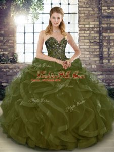 Tulle Sweetheart Sleeveless Lace Up Beading and Ruffles Quince Ball Gowns in Olive Green