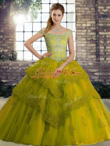 Olive Green Ball Gowns Off The Shoulder Sleeveless Tulle Brush Train Lace Up Beading and Lace Quince Ball Gowns