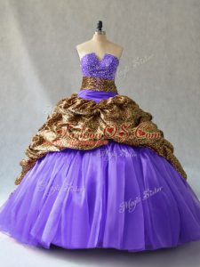 Enchanting Lace Up Quinceanera Gowns Lavender for Sweet 16 and Quinceanera with Beading and Pick Ups Brush Train