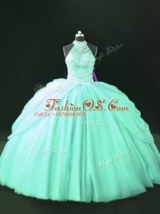 Cheap Apple Green Tulle Lace Up Halter Top Sleeveless Floor Length 15th Birthday Dress Beading