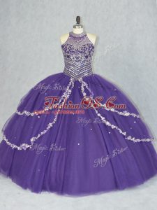 Discount Purple Halter Top Neckline Beading Quinceanera Dresses Sleeveless Lace Up
