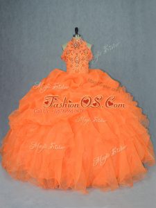 Floor Length Lace Up 15th Birthday Dress Orange for Sweet 16 and Quinceanera with Beading and Ruffles