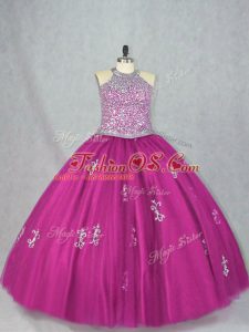 Suitable Fuchsia Tulle Lace Up Sweet 16 Dresses Sleeveless Floor Length Beading and Appliques