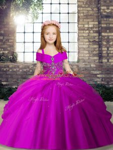 Sleeveless Lace Up Pageant Gowns For Girls Fuchsia Tulle