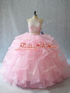 Halter Top Sleeveless Brush Train Backless 15 Quinceanera Dress Baby Pink Organza