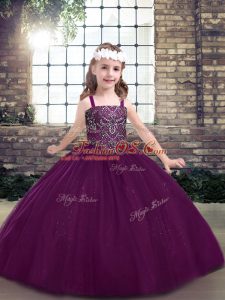 Super Eggplant Purple Ball Gowns Beading Little Girls Pageant Gowns Lace Up Tulle Sleeveless Floor Length