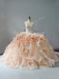 Champagne and Pink And White Ball Gowns Organza Sweetheart Sleeveless Beading and Ruffles Lace Up Quinceanera Dresses Brush Train