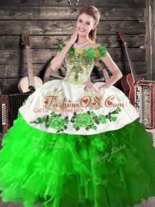 Admirable Green Ball Gowns Organza Off The Shoulder Sleeveless Embroidery and Ruffles Floor Length Lace Up Quinceanera Dresses