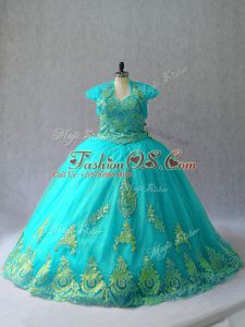 Traditional Aqua Blue Tulle Lace Up Sweetheart Sleeveless Quinceanera Gowns Appliques