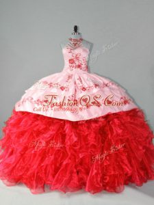 Fashionable Halter Top Sleeveless Court Train Lace Up 15 Quinceanera Dress Red Organza
