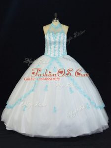 Most Popular Blue And White Halter Top Neckline Appliques Ball Gown Prom Dress Sleeveless Lace Up