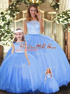 Floor Length Clasp Handle Quinceanera Dresses Blue for Military Ball and Sweet 16 and Quinceanera with Lace