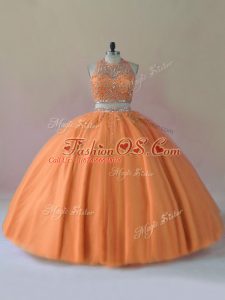 Orange Two Pieces Tulle Halter Top Sleeveless Beading Floor Length Backless Quinceanera Gown