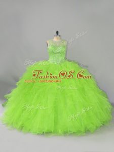 Ball Gowns Tulle Scoop Sleeveless Beading and Ruffles Lace Up Quince Ball Gowns
