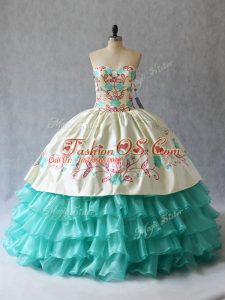 Aqua Blue Ball Gowns Embroidery and Ruffled Layers Quinceanera Dresses Lace Up Satin and Organza Sleeveless Floor Length