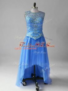 Simple Blue Lace Up Scoop Beading Prom Gown Tulle Sleeveless Brush Train