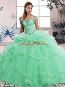 Colorful Off The Shoulder Sleeveless Lace Up 15 Quinceanera Dress Apple Green Tulle