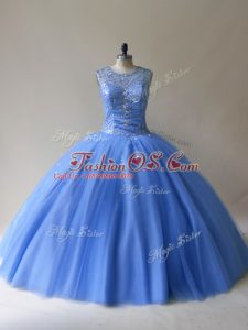 Fantastic Baby Blue Tulle Lace Up Scoop Sleeveless Floor Length Quinceanera Dress Beading