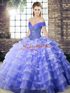 Fashion Lavender Ball Gowns Off The Shoulder Sleeveless Organza Brush Train Lace Up Beading and Ruffled Layers 15 Quinceanera Dress