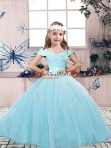 Latest Lace and Belt Little Girls Pageant Gowns Aqua Blue Lace Up Sleeveless Floor Length