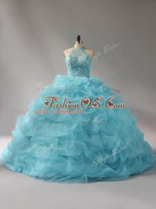 Organza Halter Top Sleeveless Court Train Lace Up Beading and Pick Ups Sweet 16 Quinceanera Dress in Aqua Blue