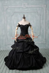 Adorable Brush Train Ball Gowns Quinceanera Dress Black Off The Shoulder Taffeta Sleeveless Lace Up