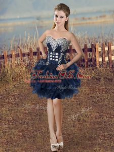Sleeveless Mini Length Beading and Ruffled Layers Lace Up Prom Evening Gown with Navy Blue