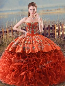 Lovely Sleeveless Brush Train Lace Up Floor Length Embroidery and Ruffles Quinceanera Dress
