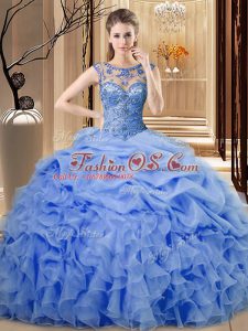 Super Blue Sleeveless Beading and Ruffles Floor Length Quince Ball Gowns