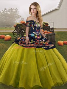 Olive Green Lace Up Quince Ball Gowns Embroidery Sleeveless Floor Length