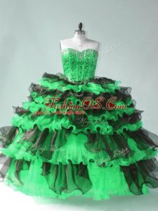 Comfortable Floor Length Green Quince Ball Gowns Organza Sleeveless Beading and Ruffled Layers
