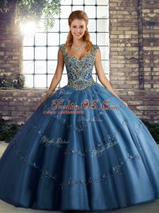 Blue Straps Neckline Beading and Appliques 15 Quinceanera Dress Sleeveless Lace Up