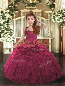 Fashionable Floor Length Fuchsia Kids Pageant Dress Organza Sleeveless Ruffles