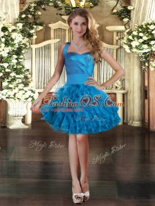 Blue Prom Gown Prom and Party with Ruffles Halter Top Sleeveless Lace Up