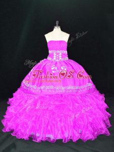 Fuchsia Ball Gowns Organza Strapless Sleeveless Embroidery and Ruffles Floor Length Lace Up Quinceanera Dresses