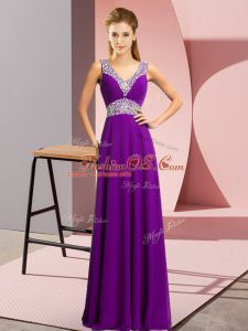 New Style Purple Empire Chiffon V-neck Sleeveless Beading Floor Length Lace Up Dress for Prom
