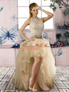 Clearance High Low Champagne Prom Gown Tulle Sleeveless Beading and Ruffles