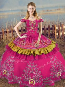Trendy Floor Length Lace Up Quinceanera Gowns Fuchsia for Sweet 16 and Quinceanera with Embroidery