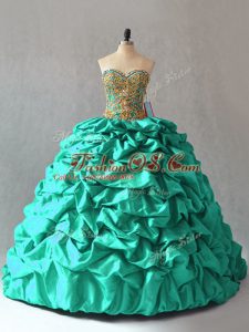 Noble Lace Up Quinceanera Gowns Turquoise for Sweet 16 and Quinceanera with Beading and Pick Ups Brush Train