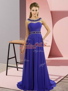 Suitable Blue Sleeveless Chiffon Brush Train Zipper Mother Of The Bride Dress for Prom and Party