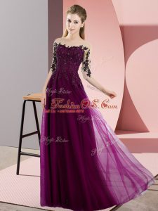 Great Fuchsia Chiffon Lace Up Dama Dress for Quinceanera Half Sleeves Floor Length Beading and Lace
