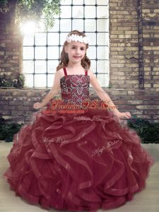 Burgundy Organza Lace Up Straps Sleeveless Floor Length Kids Pageant Dress Beading and Ruffles
