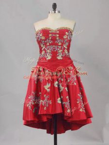 Cheap Red A-line Satin Sweetheart Sleeveless Embroidery Mini Length Lace Up Prom Evening Gown