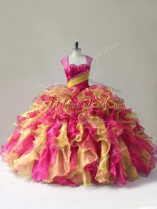 Romantic Sleeveless Floor Length Beading and Ruffles Zipper Quinceanera Gowns with Multi-color