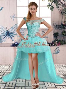 Cheap Off The Shoulder Sleeveless Tulle Prom Gown Beading and Ruffles Lace Up