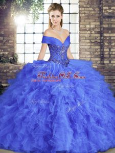 Low Price Floor Length Lace Up Sweet 16 Quinceanera Dress Blue for Military Ball and Sweet 16 and Quinceanera with Beading and Ruffles