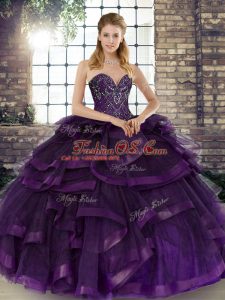 Purple Tulle Lace Up Sweetheart Sleeveless Floor Length Sweet 16 Dress Beading and Ruffles